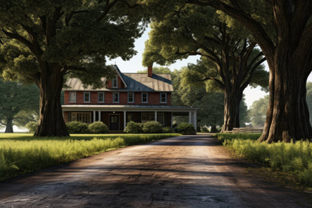 a large brick farmhouse with a gravel driveway and tall treesの素材