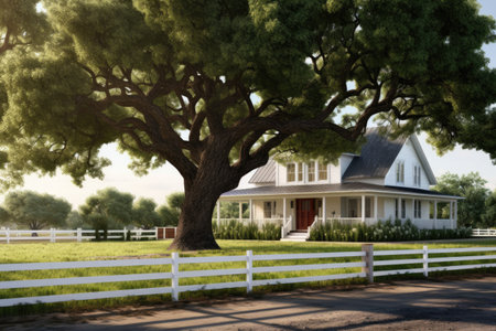 a modern farmhouse with a white picket fence and a large oak tree in the yardの素材