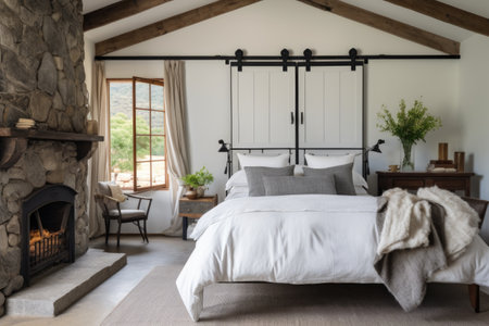 a bedroom with a vintage iron bed, white linens, and a barn doorの素材