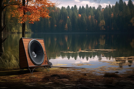 a speaker placed near a forest lake with a canoe in the backgroundの素材