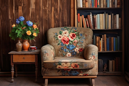 old fashioned armchair with floral pattern beside a worn wooden bookshelfの素材