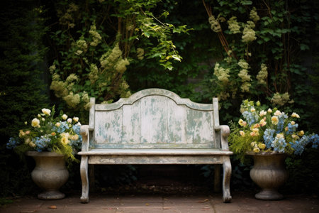 exterior shot of a shabby chic wooden bench in a garden settingの素材