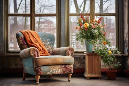 rustic armchair with floral upholstery near a windowの素材
