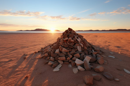 long shadow of a pile of rocks on a sandy beach at sunsetの素材