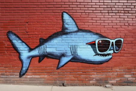 a shark mural with spray-painted sunglasses on a brick wallの素材