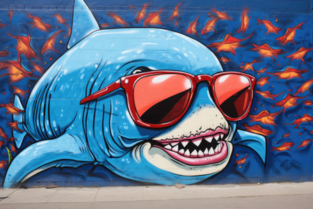 a shark mural with graffiti-style sunglassesの素材
