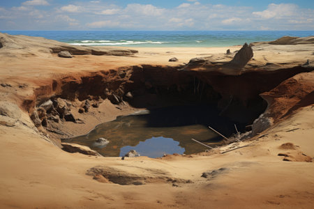 a sinkhole on a sandy beach during a sunny dayの素材