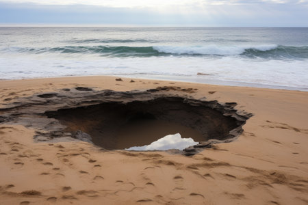 a small sinkhole in a sandy beach with ocean waves in the backgroundの素材