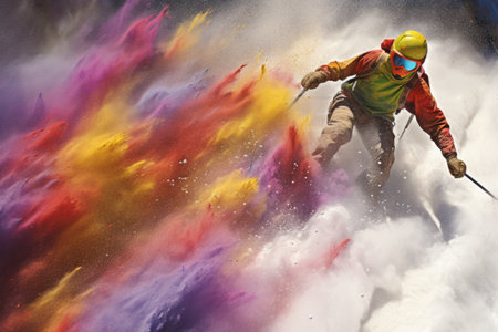 skier in colorful gear descending a slope, leaving a trail of snow dust behindの素材