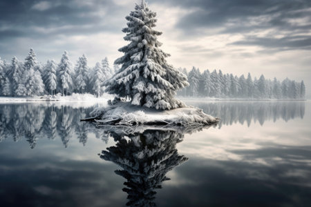 snowy pine tree reflected on a frozen lake