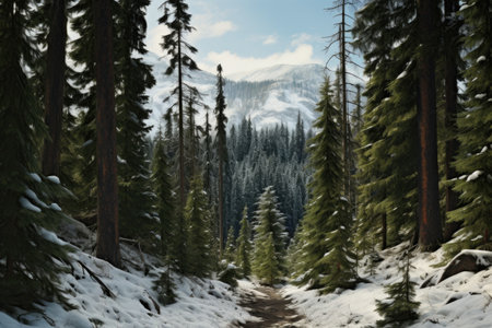 a cluster of snow-capped pine trees in a dense forest settingの素材