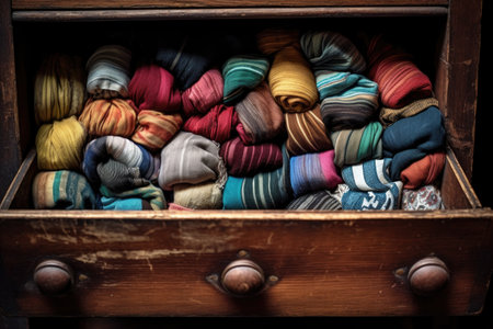 colorful socks neatly folded in an antique wooden drawerの素材