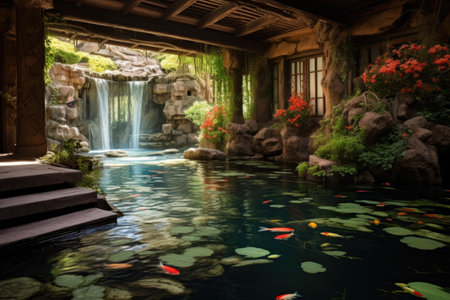 a tranquil japanese zen garden floating above a koi pondの素材