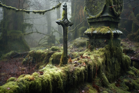 a rusty medieval sword lodged in a moss-covered stone in the forestの素材
