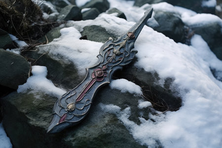 a stone with a metallic sword embedded in it, covered in snowの素材