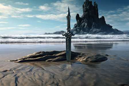 a sword in a stone on a beach, waves lapping around itの素材
