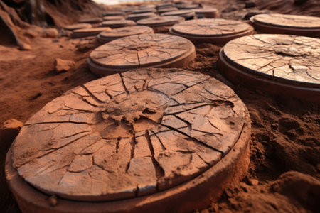 a close-up of tejo discs in the clay pit with gunpowder mechasの素材