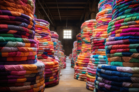 a pile of colorful fabric rolls stacked in a warehouseの素材