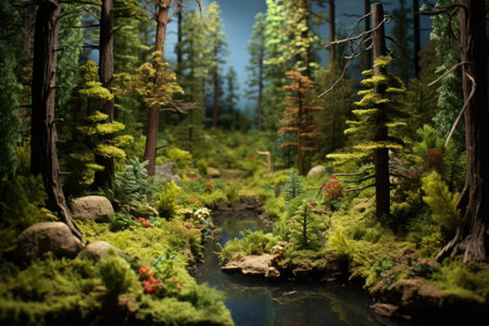 small-scale forest scene with tiny trees and brookの素材