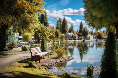 miniature world of a park with tiny benches, trees, and a lakeの素材