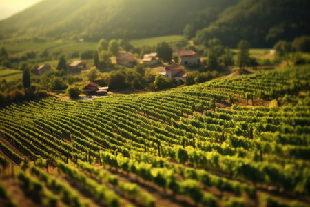 tilt-shift shot of a sunlit vineyard with rows of grapevinesの素材