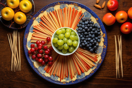 top view of colorful toothpicks next to a plate of assorted fruitsの素材