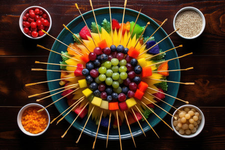 overhead shot of toothpicks and a plate of colorful fruit skewersの素材