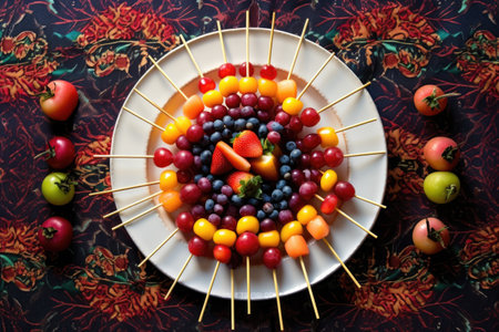 overhead shot of toothpicks and a plate of colorful fruit skewersの素材