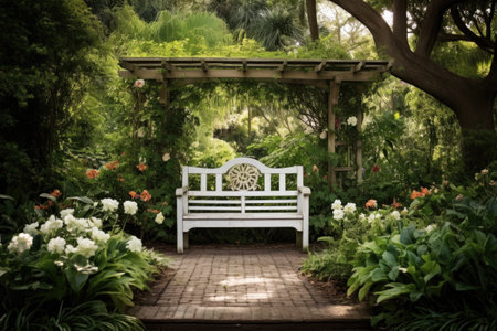 a colonial style wooden bench in a lush gardenの素材