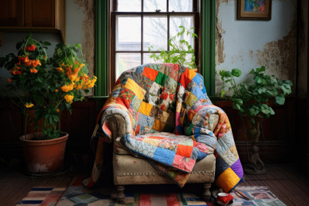 a colorful patchwork quilt draped over a vintage armchairの素材