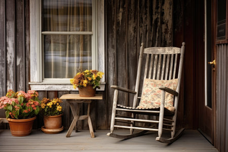 an antique wooden rocking chair on a porchの素材
