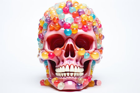 transparent skull filled with colorful candies on a white backgroundの素材