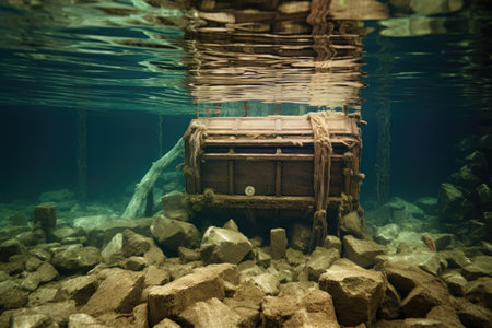 an old, wooden treasure lying at the bottom of a clear poolの素材
