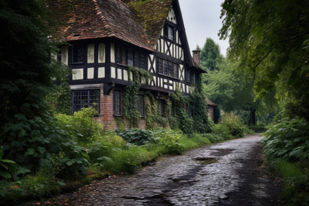 a wide-angle shot of a tudor house with a cobblestone path leading to itの素材