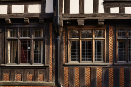 a close-up of a tudor houses ornate wooden window frames and brickworkの素材