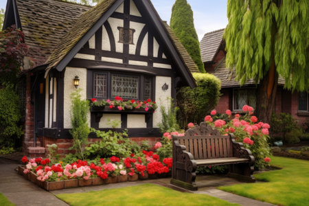 a tudor house exterior with a vintage mail box, a wooden bench, and a flower bedの素材