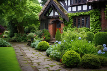 a garden pathway leading to a beautifully maintained tudor houseの素材