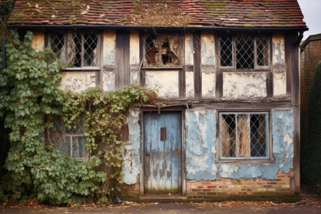 a worn-out tudor house exterior with broken shutters and peeling paintの素材