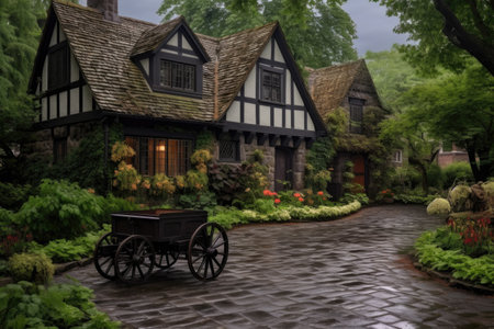 a tudor house with a cobblestone driveway and antique carriage parked nearbyの素材