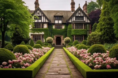 tudor mansion surrounded by a manicured english garden in full bloomの素材