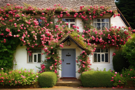 a thatched tudor cottage with climbing roses around the doorwayの素材