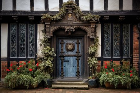detailed shot of a tudor houses ornate front doorの素材