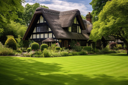 a tudor house with a traditional thatched roof and a lush green lawnの素材