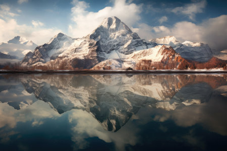 a snowy mountain range mirrored upside-down in a frozen lakeの素材