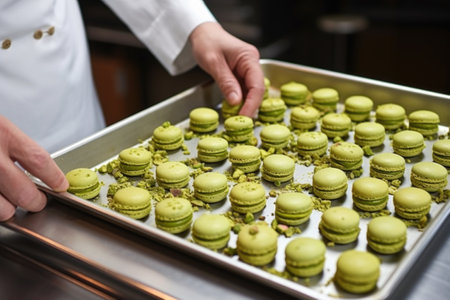 chef decorating tray filled with pistachio macaronsの素材