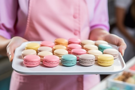 bakery employee serving handcrafted pastel-colored macaronsの素材