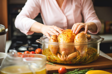 woman generously marinating a full chickenの素材