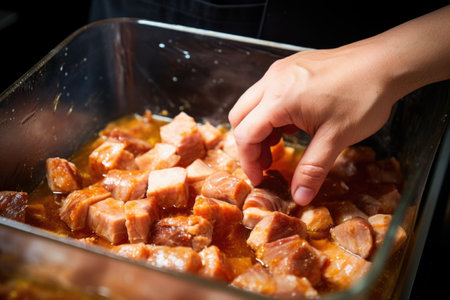 human hands transferring marinated pork belly to a dishの素材