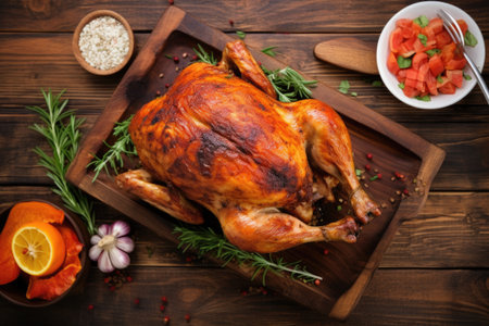 top view of marinated turkey on rustic wooden tableの素材