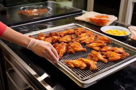 person arranging chicken wings on a disposable grillの素材